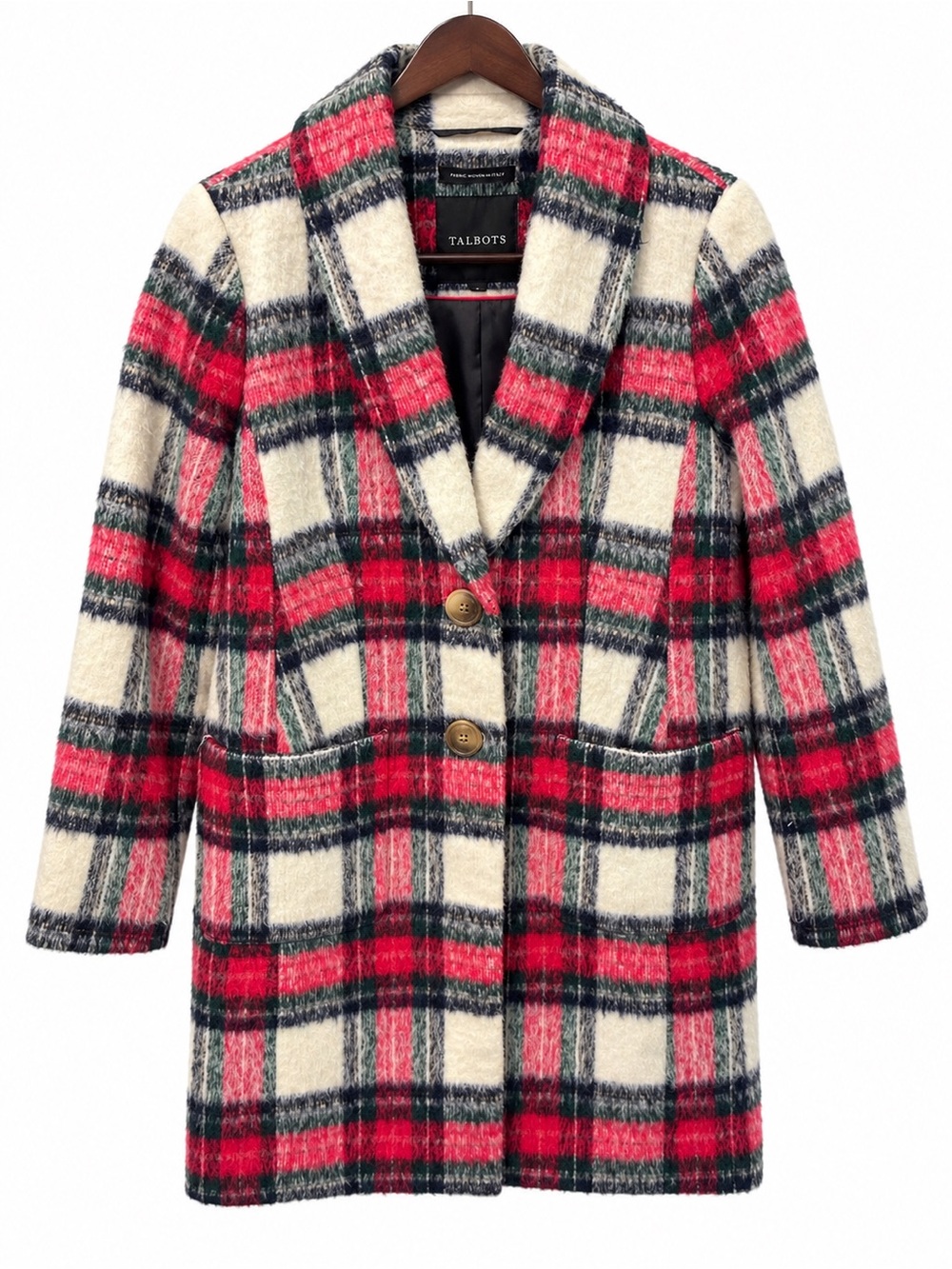 Talbots Pink, Emerald, Cream, Navy, Plaid Pea Coat Made w Wool Blend (Size 4)